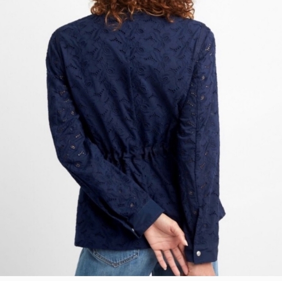Gap Navy Floral Eyelet Utility lined Navy Jacket Drawstring Waist sz L - Picture 2 of 14